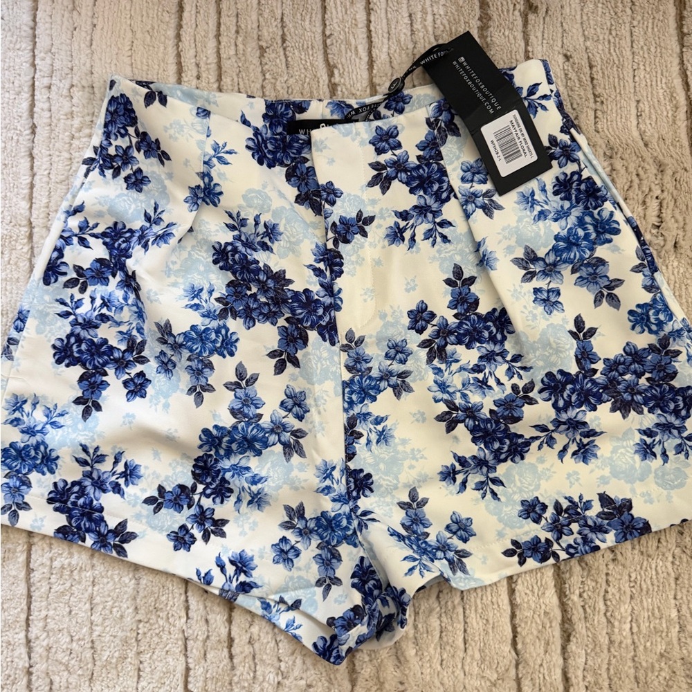 White Fox Boutique Blue Floral High-Waist Shorts
